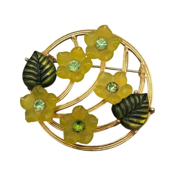 Carved Lucire Flower & Leaves Brooch Lemon & Lime Colored Gold Tone Setting - Picture 1 of 8